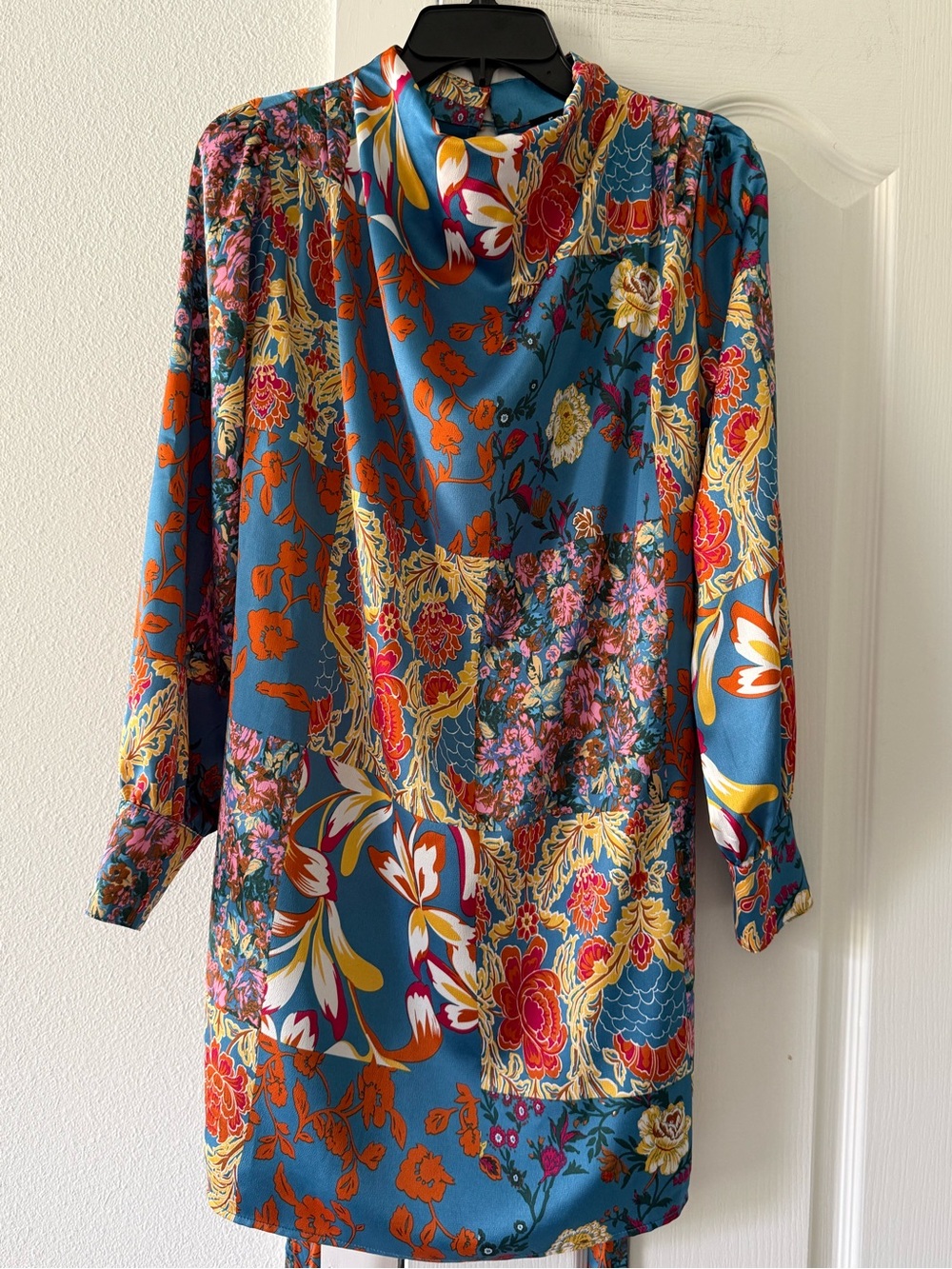 Fate Teal Floral Patchwork Mock Neck Belted Mini Dress Boho Long Sleeve Size S